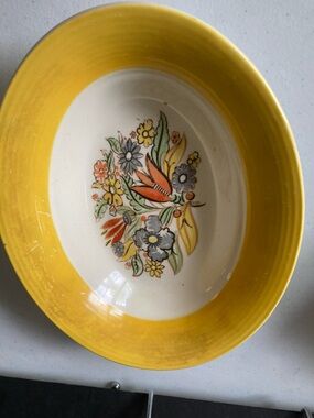 American Limoges Triumph Ohio Yellow Rim Floral Ceramic Serving Bowl Farmhouse